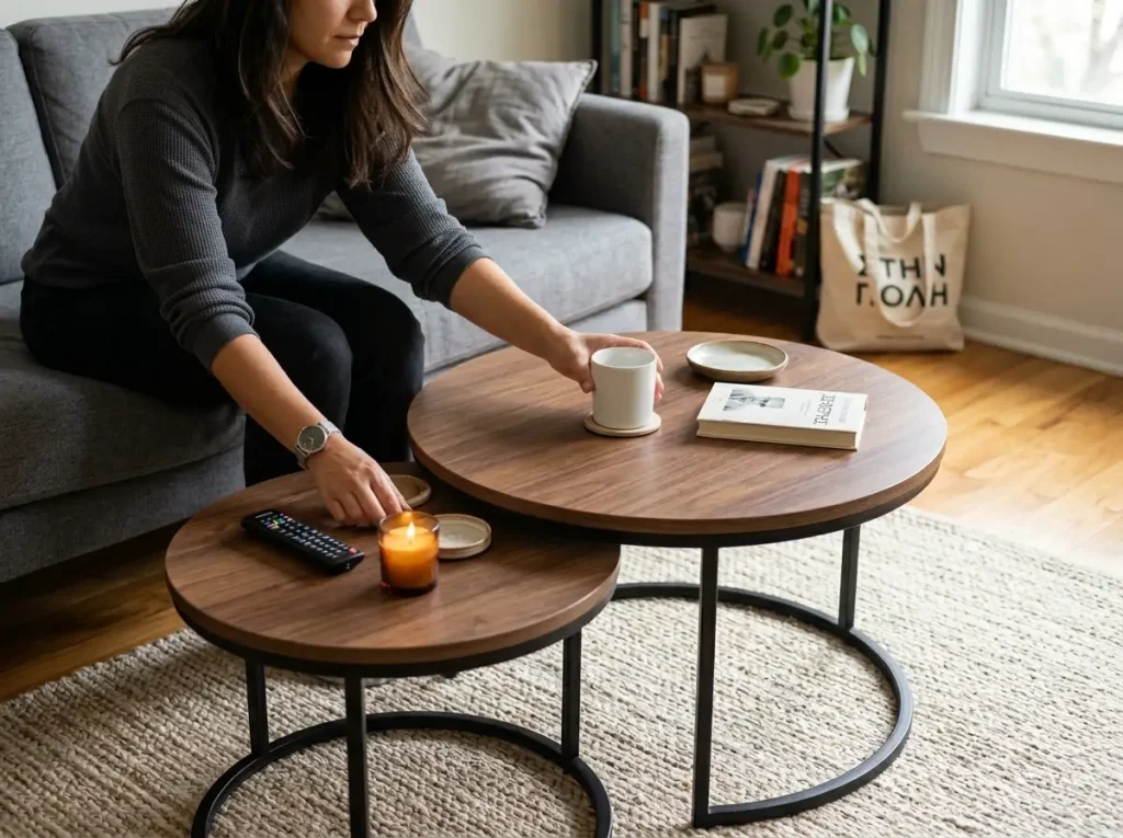 Round nesting tables in small living room showing coffee table scale and clearance
