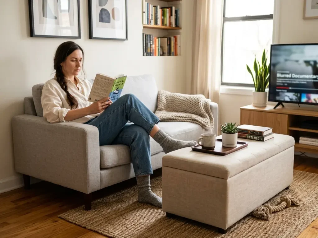 Woman relaxing on loveseat with storage ottoman as coffee table in small apartment living room
