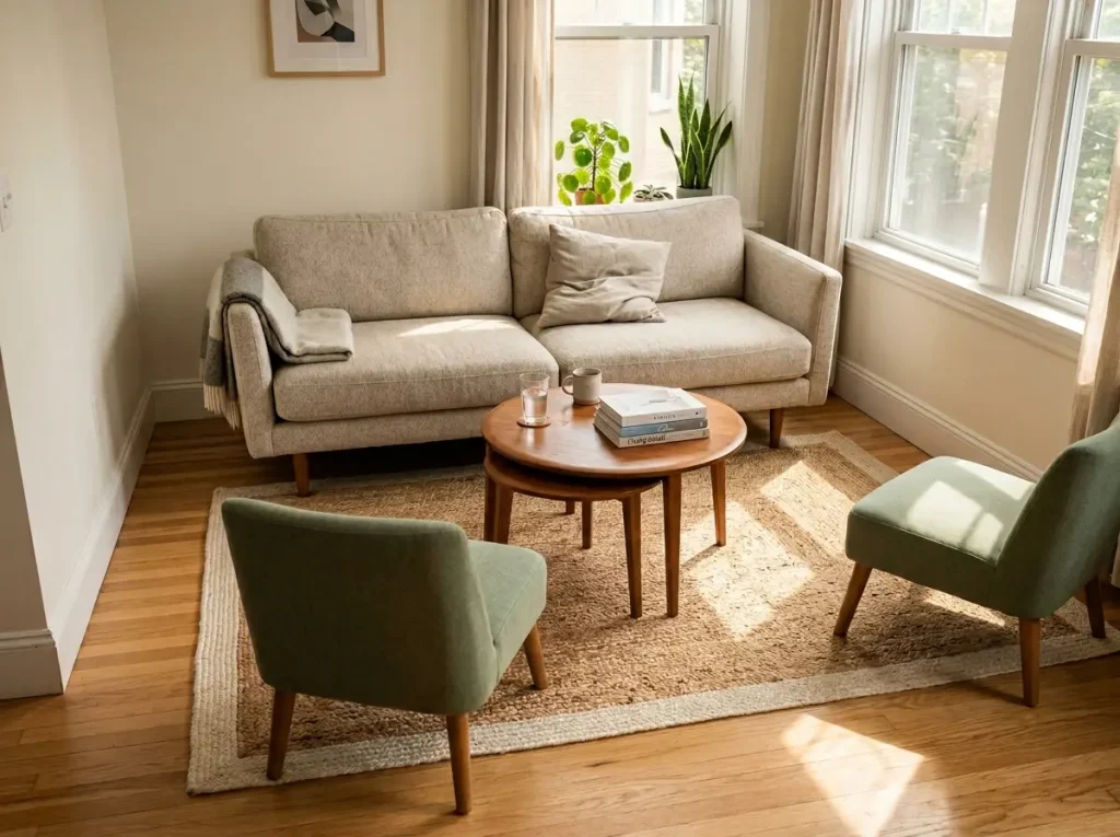 Small living room 5x8 rug front legs rule seating group anchored