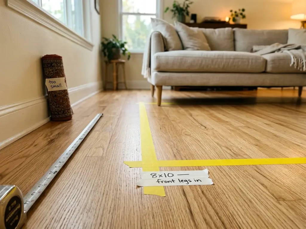 Small living room floor with painter's tape marking 8x10 rug outline — sofa front legs on tape