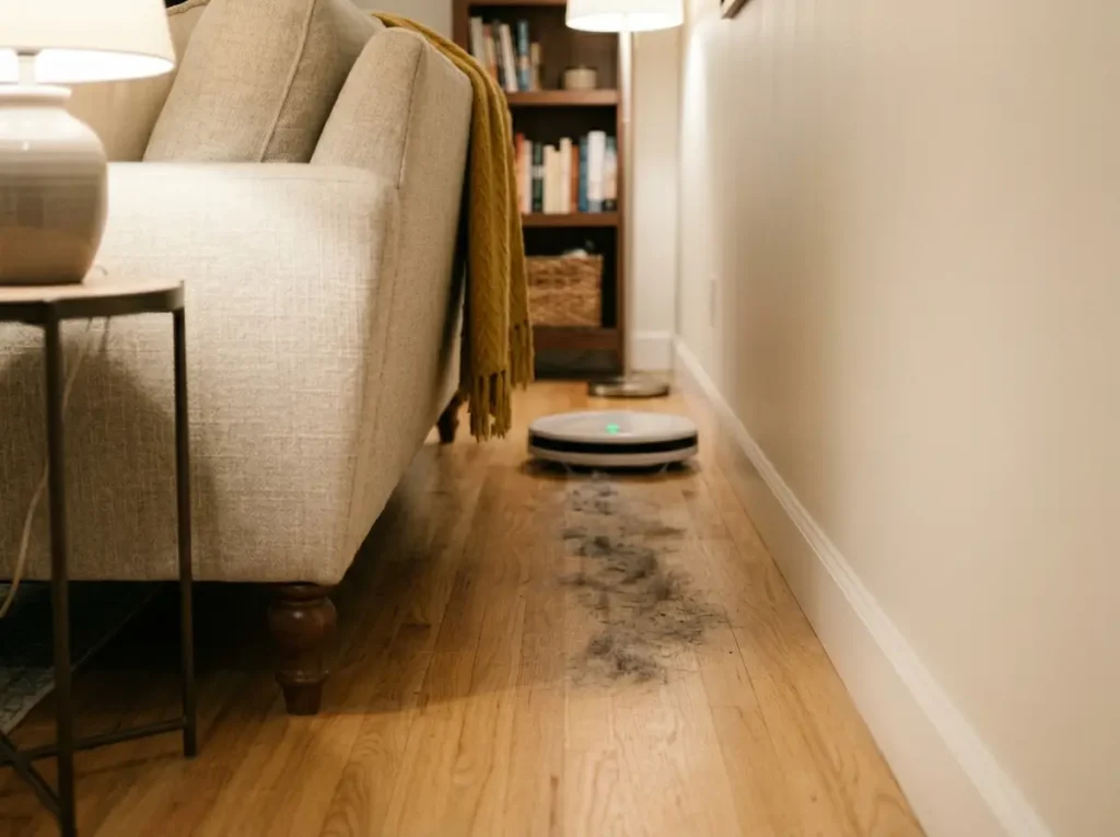 Robotic vacuum cleaning under floated sofa in small living room maintenance system