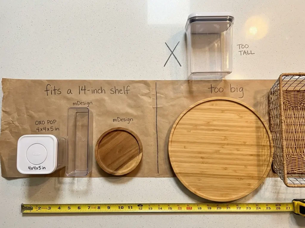 Comparison of containers that fit versus those too large for a small pantry shelf