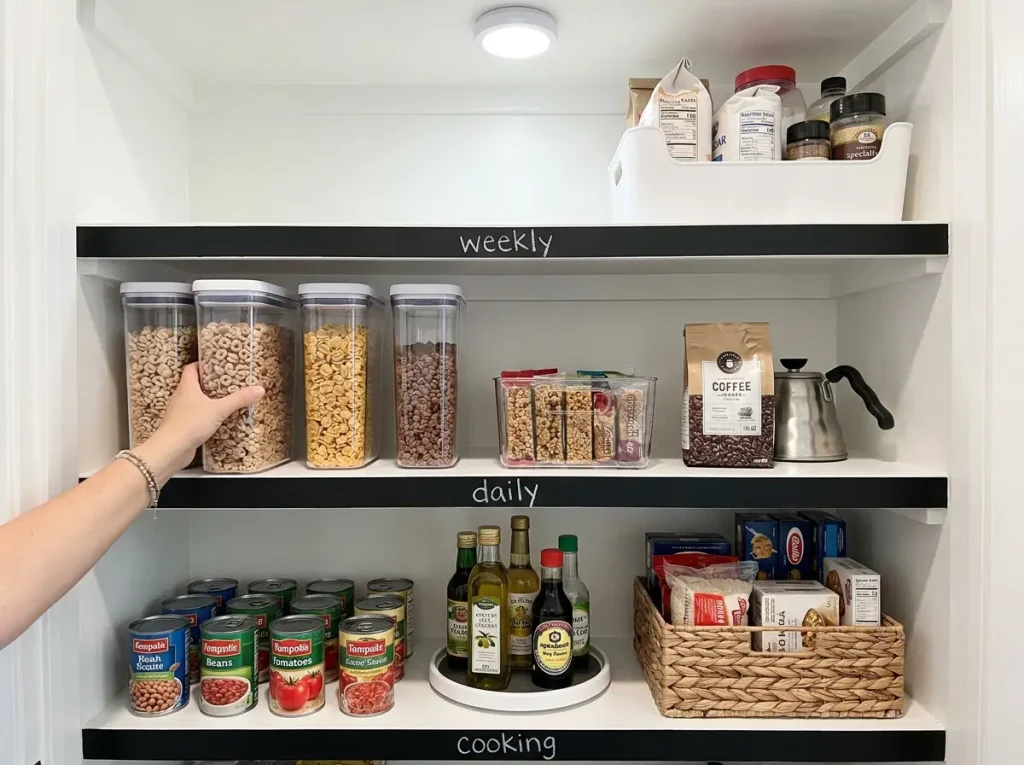 Three pantry shelves each representing one zone with labeled bins in a small closet pantry