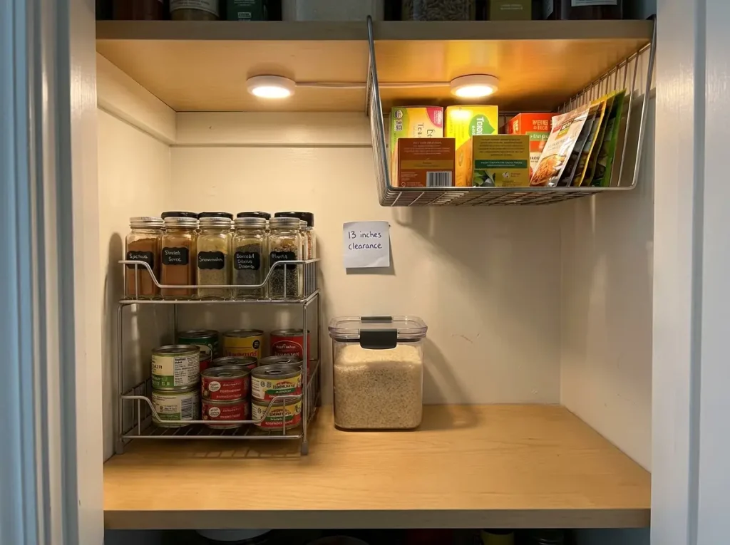 Small pantry shelf with shelf risers and under-shelf baskets doubling usable tiers