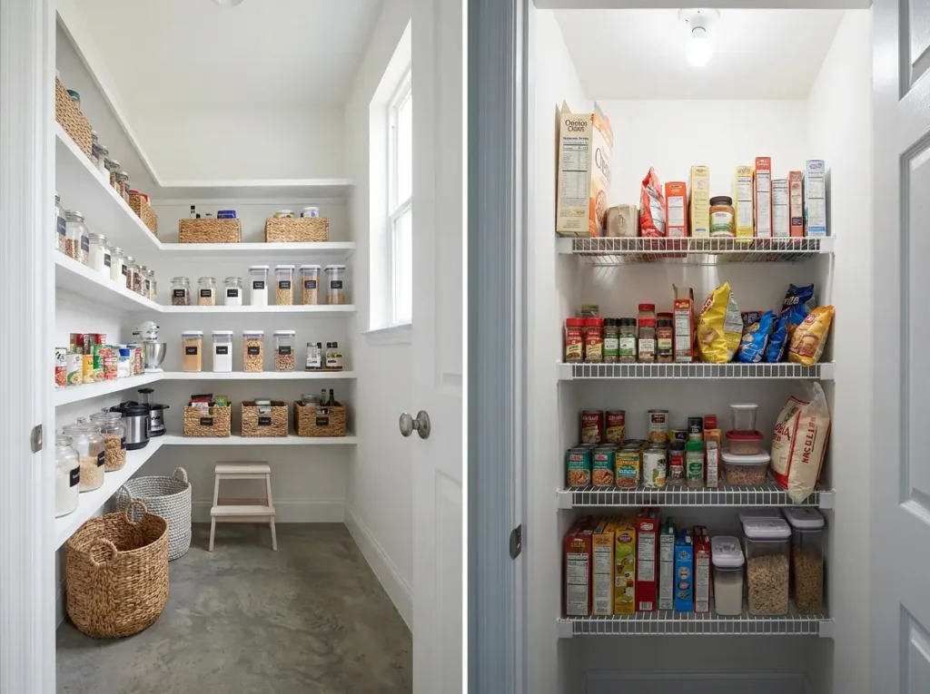 Side-by-side comparison of a large walk-in pantry versus a tiny reach-in closet pantry