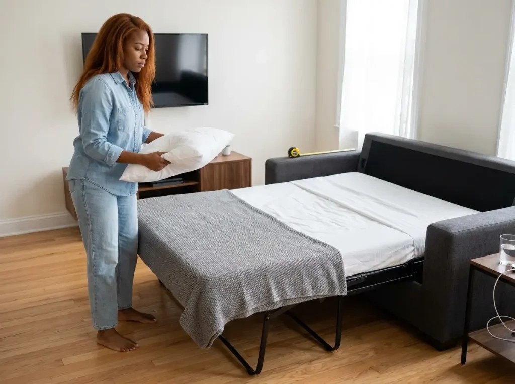 Sofa bed pulled out in small apartment living room showing full open footprint and bed position relative to TV