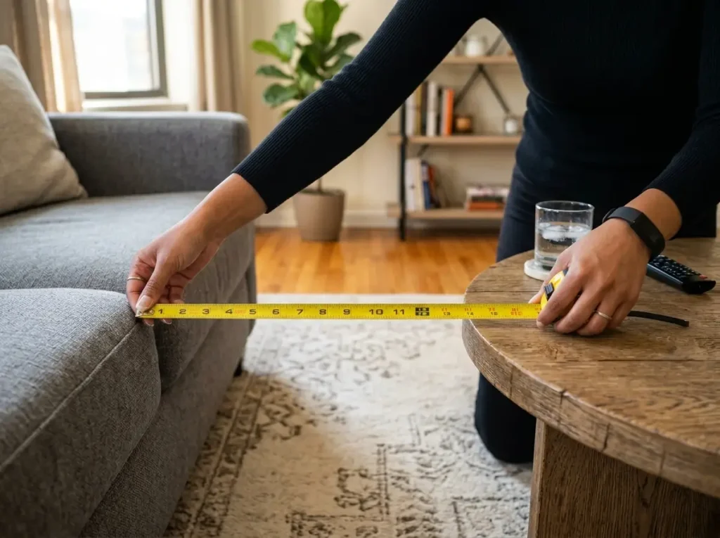 Tape measure showing 16-inch sofa to coffee table clearance in small living room
