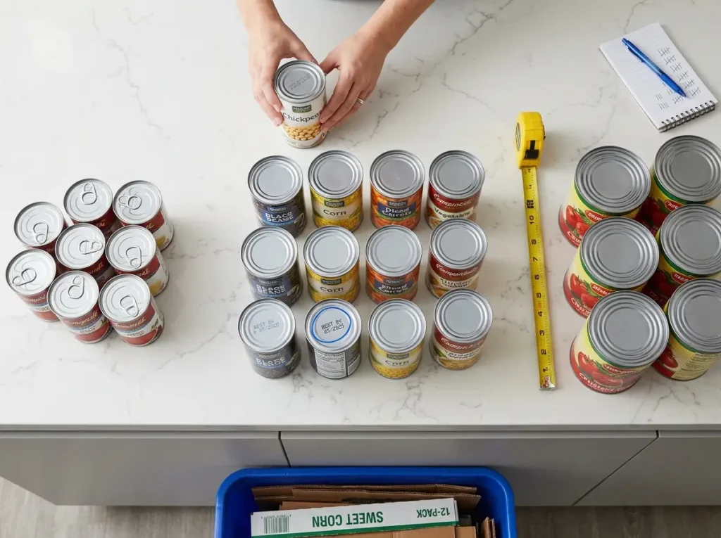 Canned goods sorted into three size groups on kitchen counter with tape measure