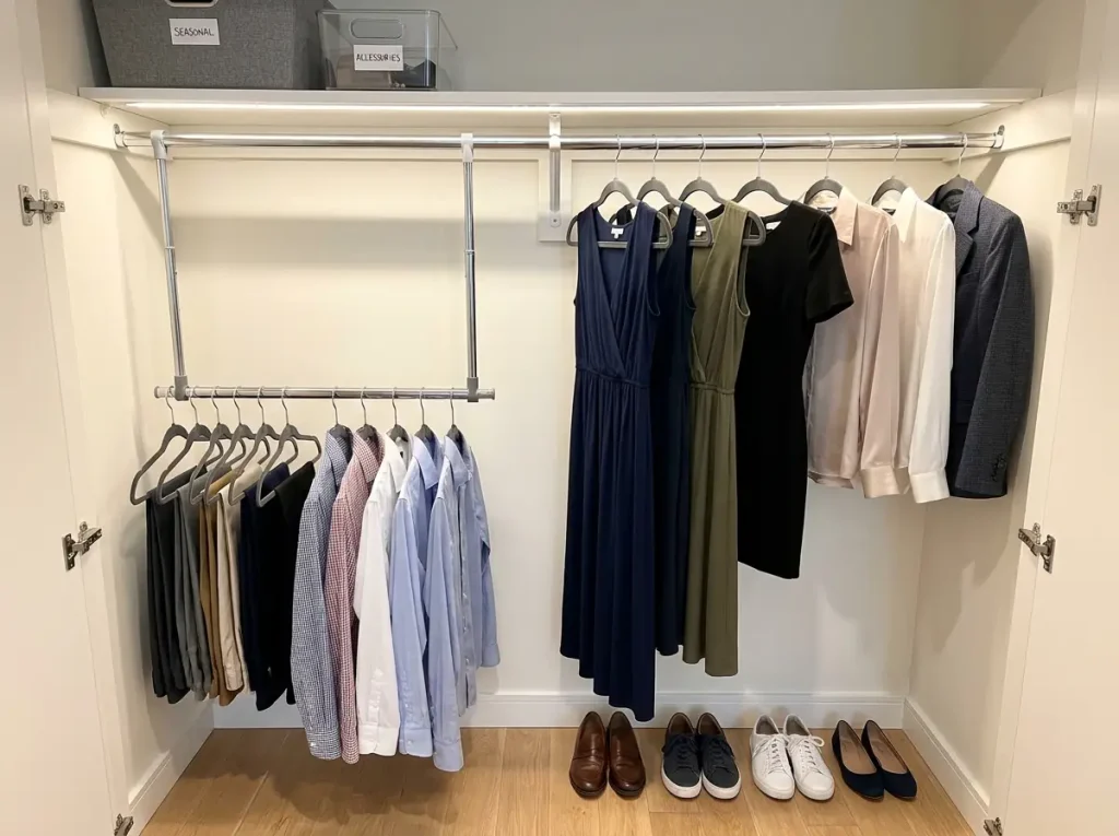 Apartment reach-in closet with STORAGE MANIAC double rod installed two-tier hanging zone velvet hangers