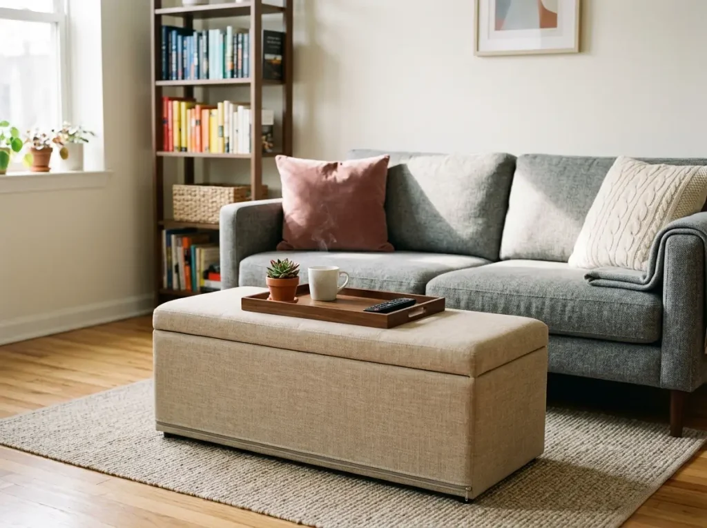 Storage ottoman as coffee table in small apartment living room with serving tray on top