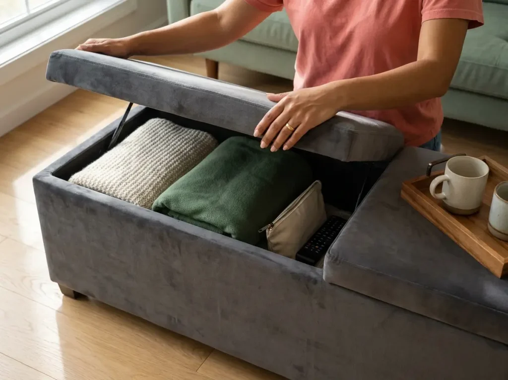 Hands opening storage ottoman lid revealing organized interior with folded blankets