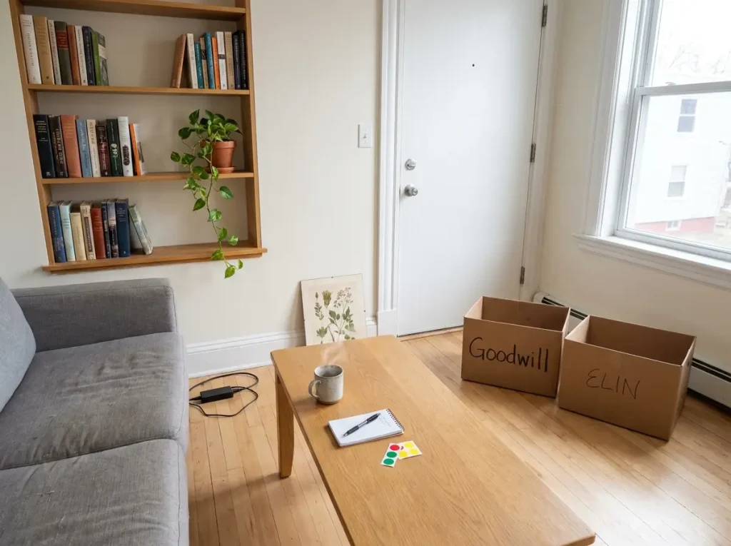Organized living room bookshelf with donation boxes labeled for Swedish death cleaning near the front door
