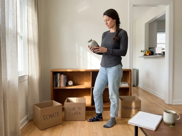 Woman sorting belongings into labeled donation boxes during Swedish death cleaning in a living room