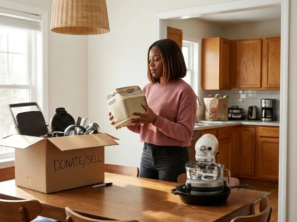 African American woman evaluating kitchen gadgets on a dining table during Swedish death cleaning declutter session