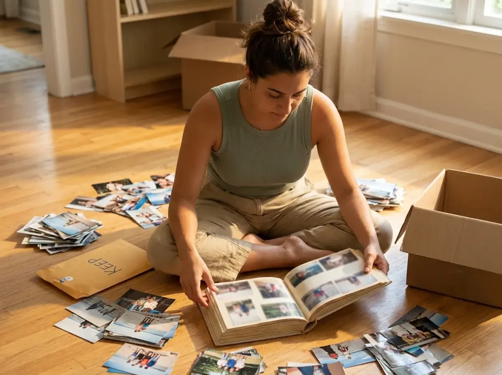 Woman sitting on floor with open photo album during Swedish death cleaning sentimental items stage