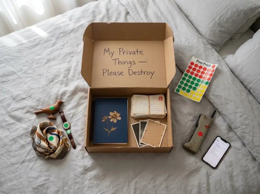 Labeled throwaway box with private items and red-green sorting sticker dots for Swedish death cleaning