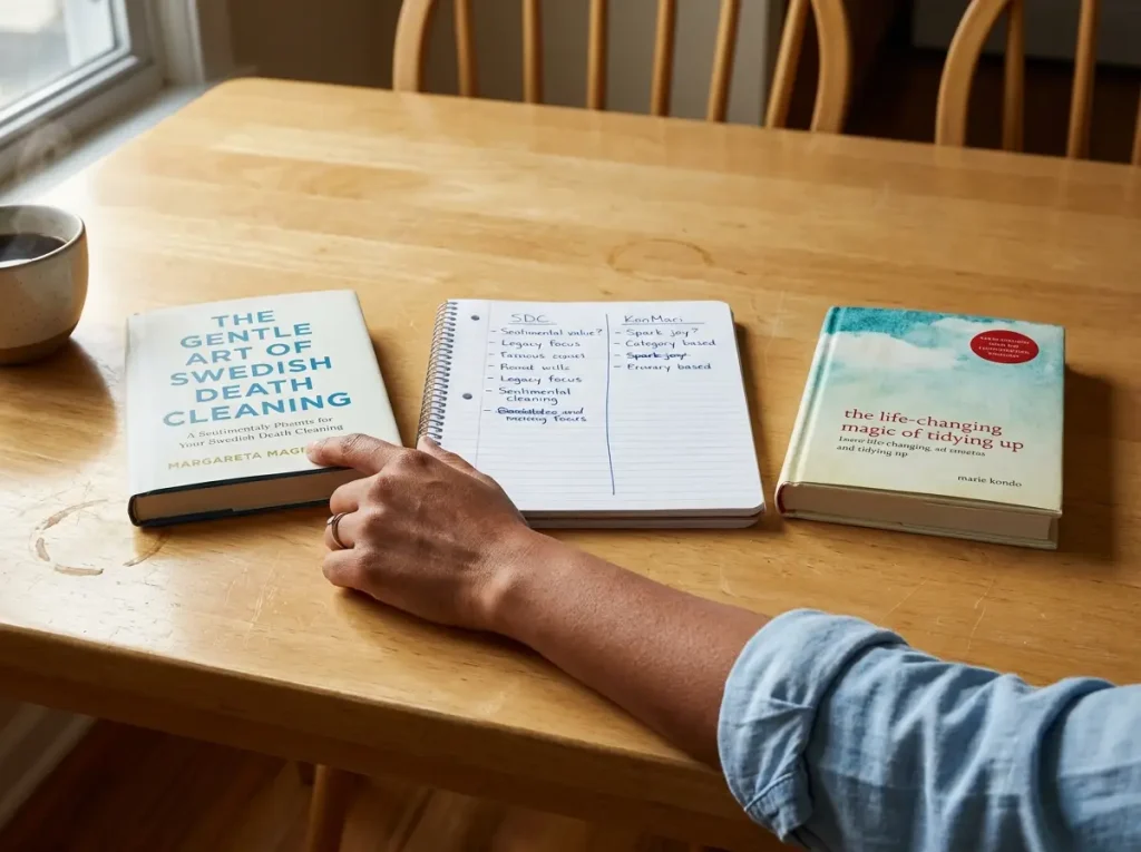 Two decluttering books side by side on table with handwritten comparison notes, hand reaching toward one