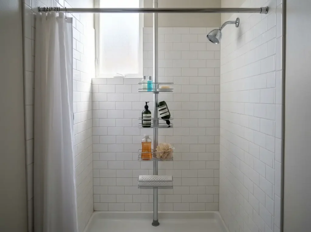 Tension pole shower caddy in apartment shower holding shampoo and conditioner without drilling