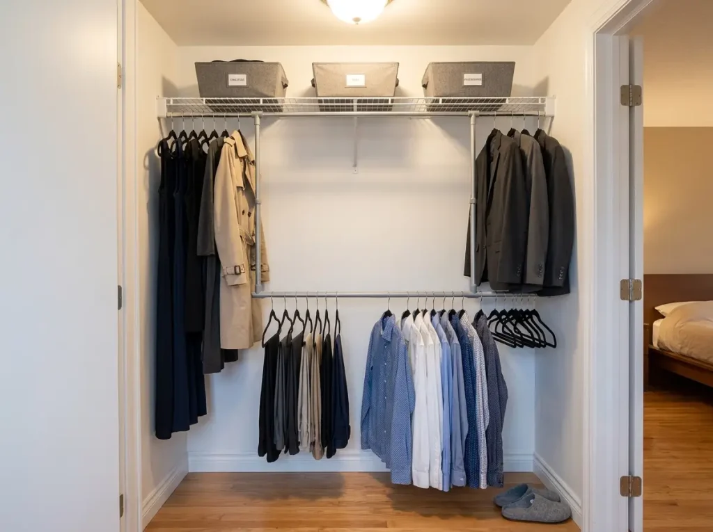 Double tension rod setup in a rental closet with shirts hung on both levels