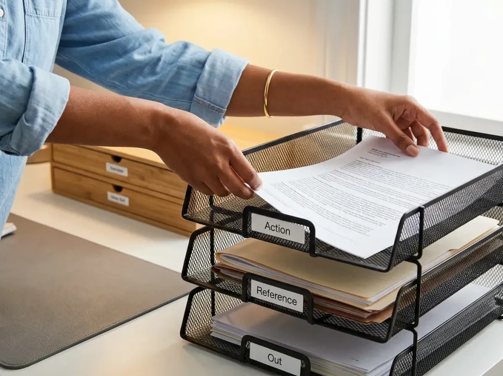Hand placing a document into a labeled action tray on an organized home office desk