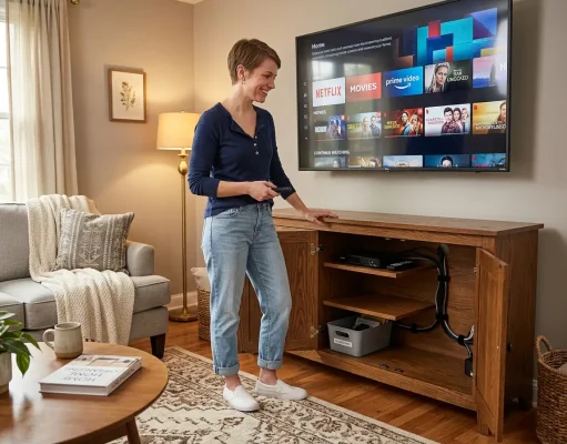I Organized 10 TV Setups and This Method Always Works Organized TV stand with open doors showing neatly arranged electronics and labeled shelves in a small living room