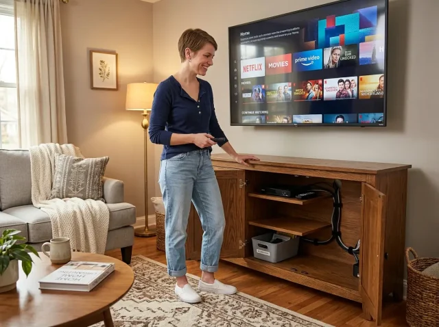 Organized TV stand with open doors showing neatly arranged electronics and labeled shelves in a small living room