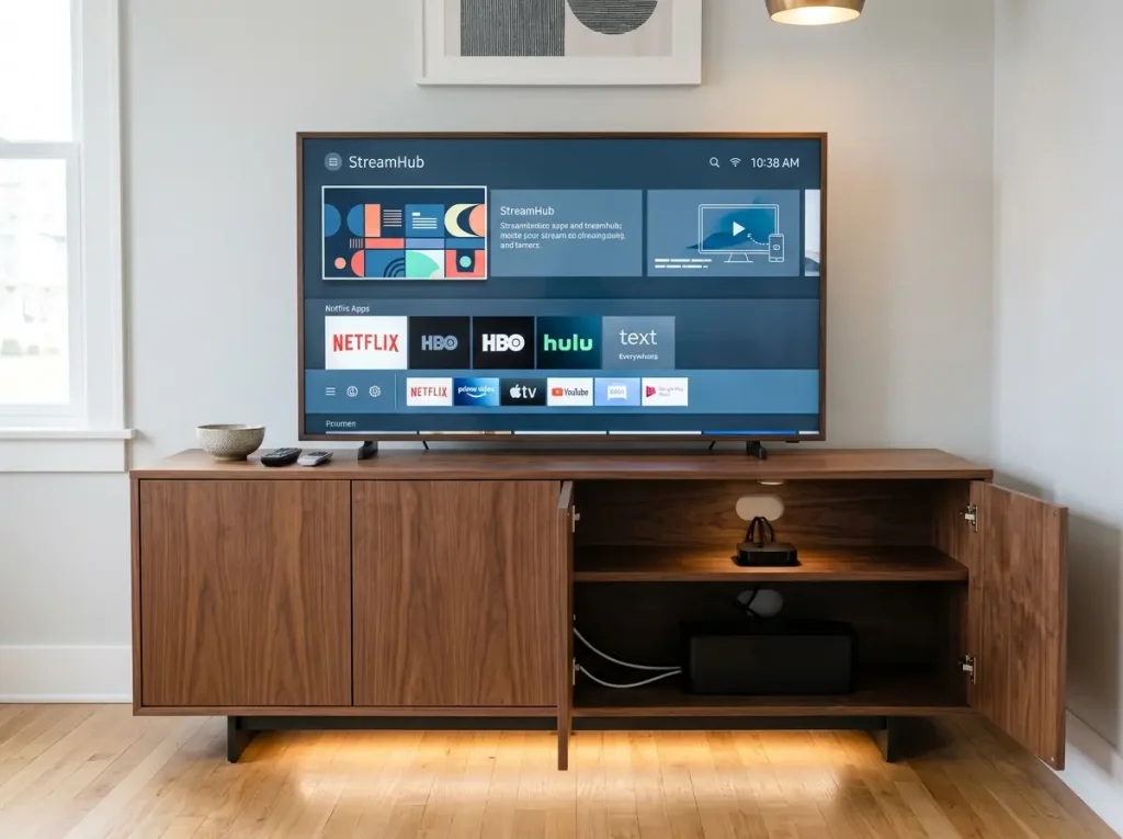 TV stand with closed doors, cable management ports visible, showing organized shelves without a person for scale