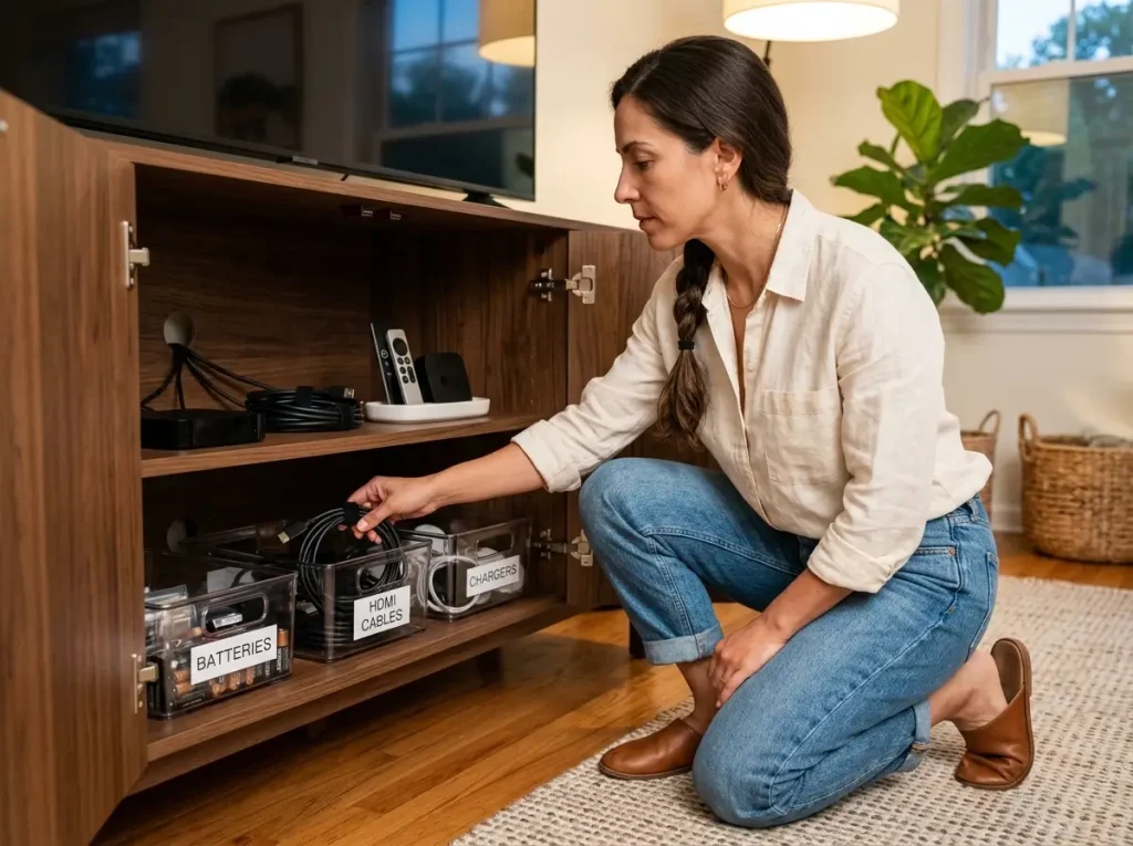 Open TV stand shelf showing organized device zones with labeled bins for accessories and remotes