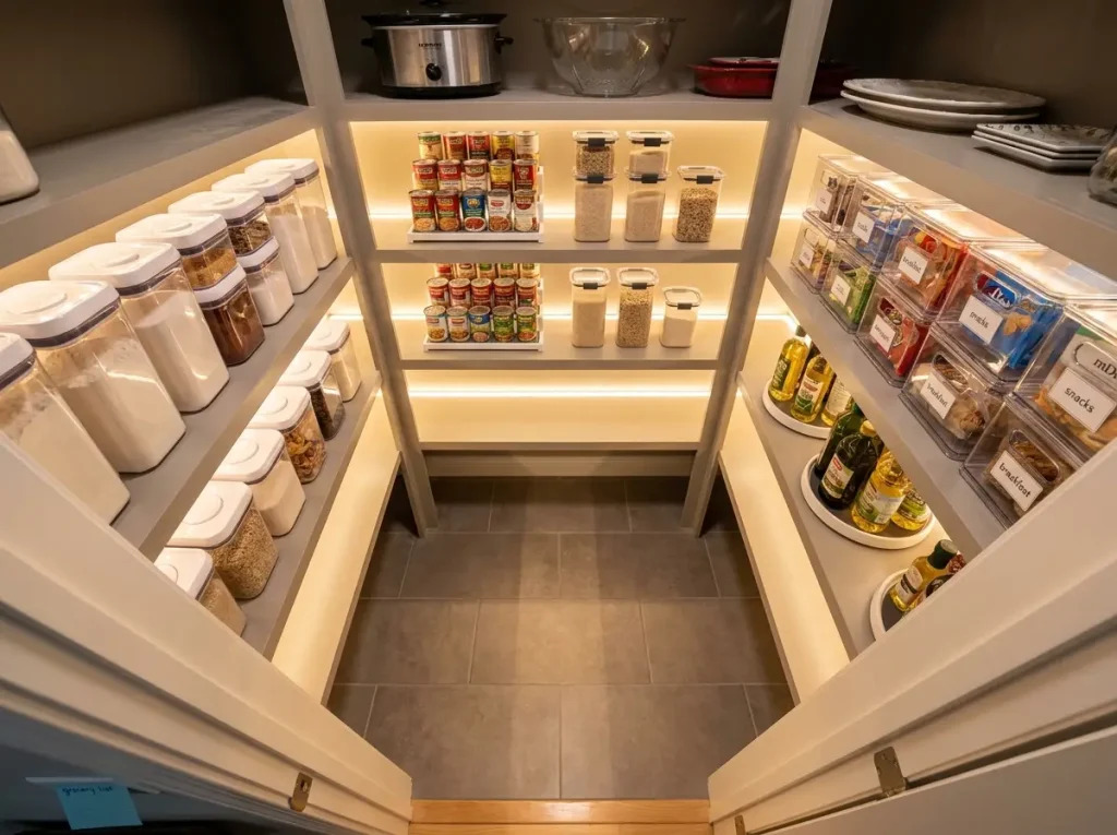 U-shape walk-in pantry with three walls of organized shelves and clear center aisle