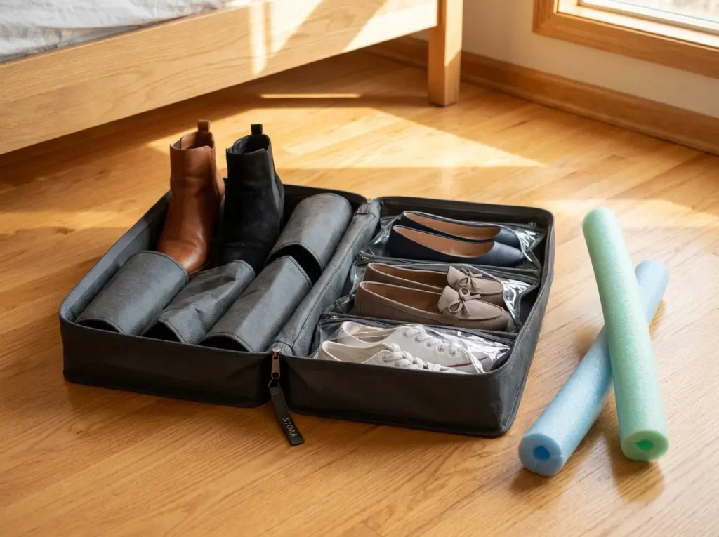 Under-bed boot organizer with ankle boots in tube compartments and flats in flat pockets, pool noodle DIY boot shaper alternative beside it on hardwood floor