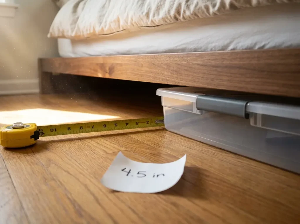 Yellow tape measure showing 4.5-inch clearance under low platform bed with flat storage container positioned for comparison