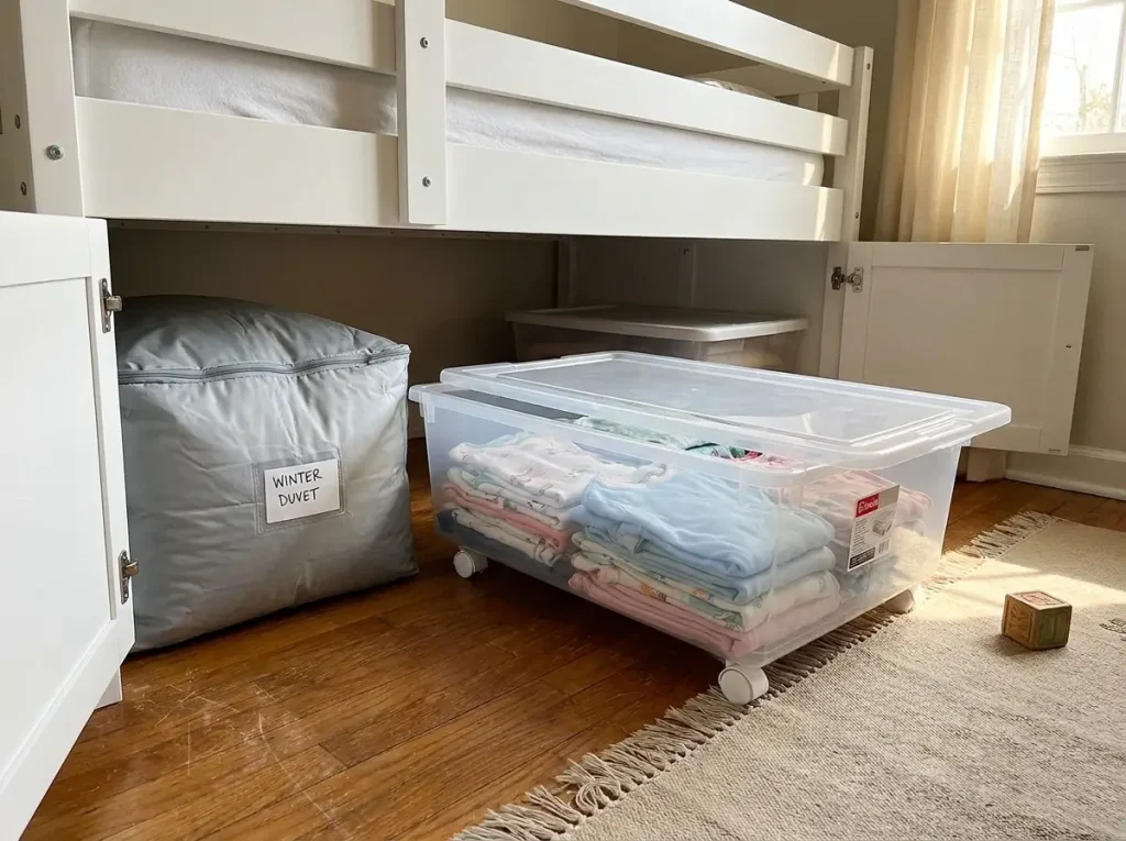 Organized under-bed zone in kids' room showing rolling IRIS clear bin pulled halfway out with folded clothes visible