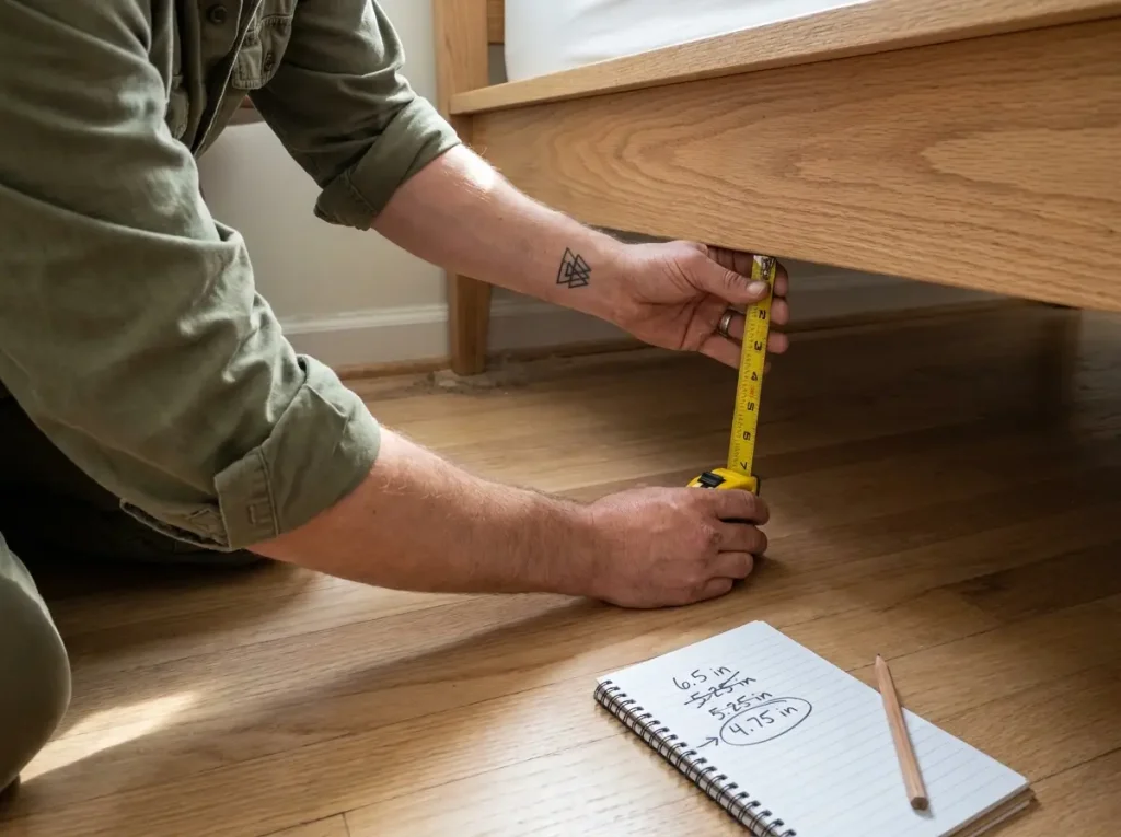 Hands measuring under-bed clearance gap with yellow tape measure beside platform bed, notepad with written measurements on hardwood floor