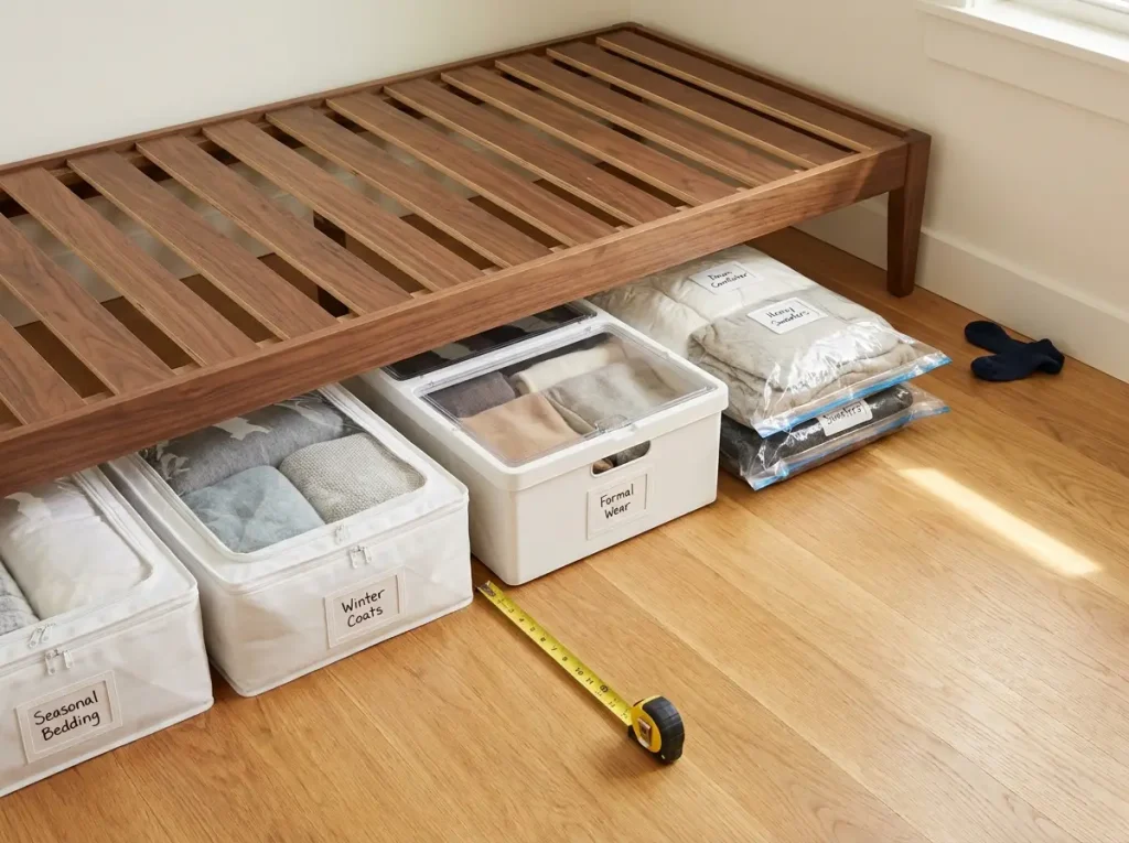 Organized under-bed storage showing three different container types — fabric bags, hard-sided box, and vacuum bags — with labels