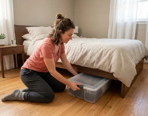Under Bed Storage Ideas That Fit Your Small Bedroom Indian woman pulling flat storageLAB under-bed container from beneath low platform bed in small organized bedroom