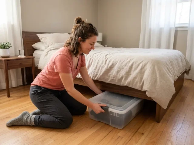Indian woman pulling flat storageLAB under-bed container from beneath low platform bed in small organized bedroom