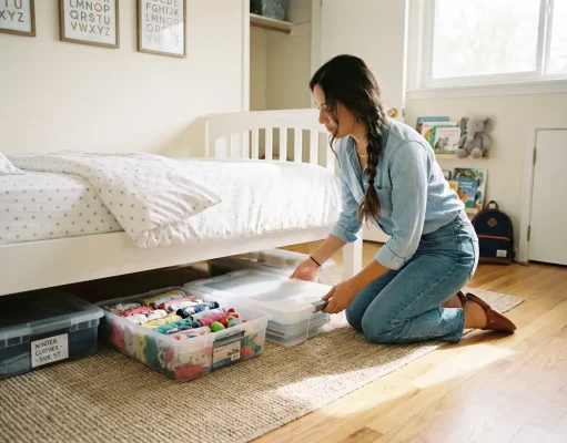 Why Kids’ Under Bed Storage Gets Messy in a Week Latina woman in blue chambray organizes flat storage bins under a child's bed in a sunlit kids' room