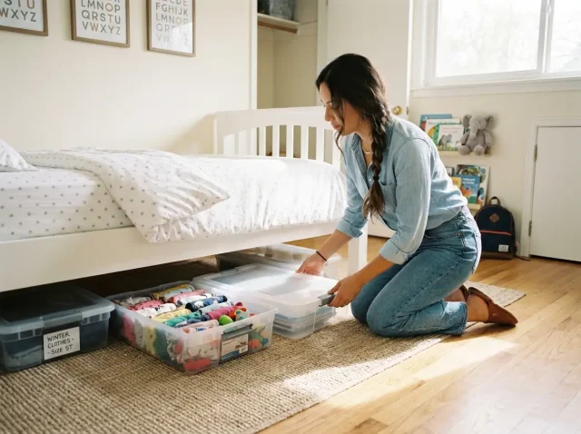 Latina woman in blue chambray organizes flat storage bins under a child's bed in a sunlit kids' room