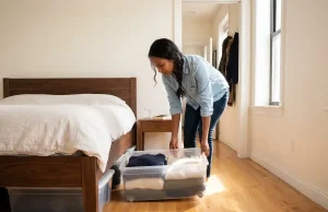 How to Set Up Under Bed Storage That Stays Organized Woman pulling rolling storage bin from under bed in organized small bedroom