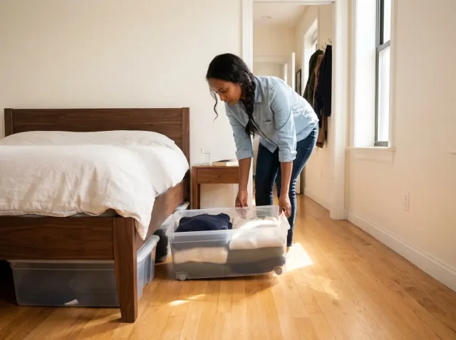 Woman pulling rolling storage bin from under bed in organized small bedroom