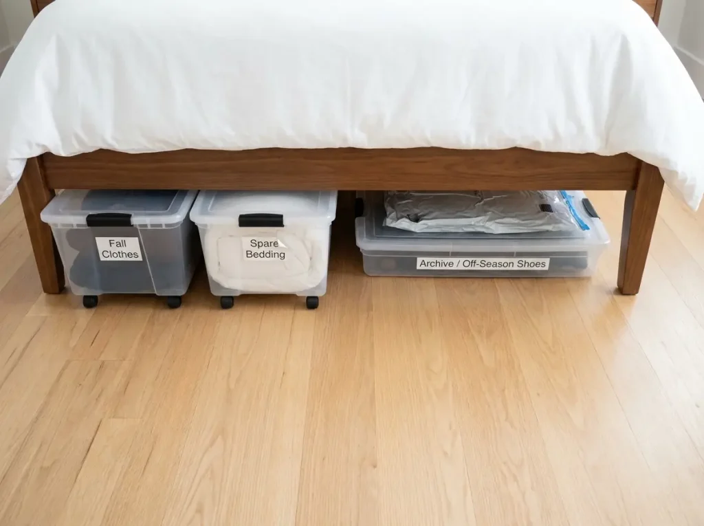 Overhead view under-bed storage with bins pulled out showing perimeter and center placement