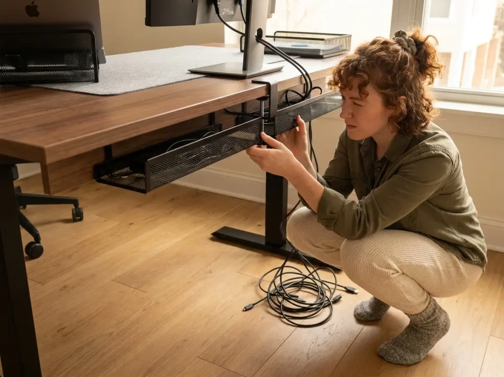 Woman attaching under-desk cable management tray to home office desk edge