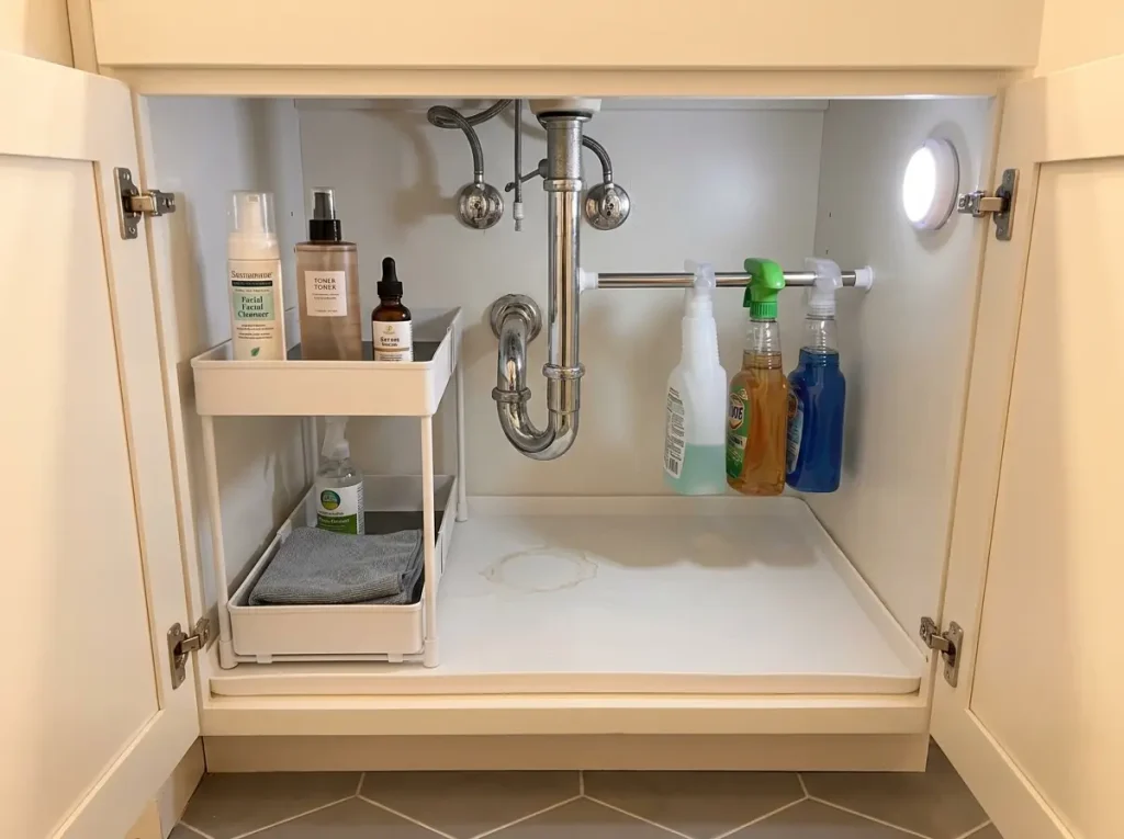Organized under-sink bathroom cabinet with expandable shelf organizer, P-trap pipe visible, and silicone drip mat on cabinet floor