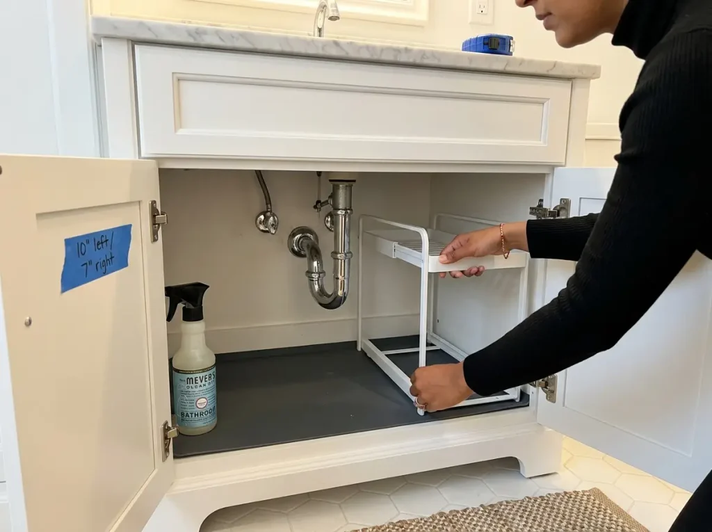 Hands organizing under bathroom sink with expandable shelf organizer around pipe