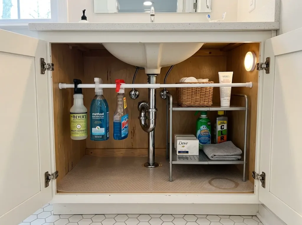 Organized under-bathroom-sink cabinet with expandable organizer around P-trap pipe and tension rod for spray bottles