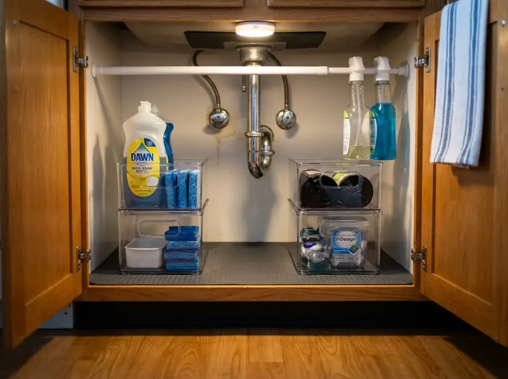 organized under sink kitchen cabinet with bins tension rod and cleaning supplies