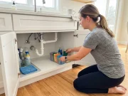Why Your Under-Sink Cabinet Gets Messy Again Under sink kitchen cabinet open showing organized cleaning supplies around pipes