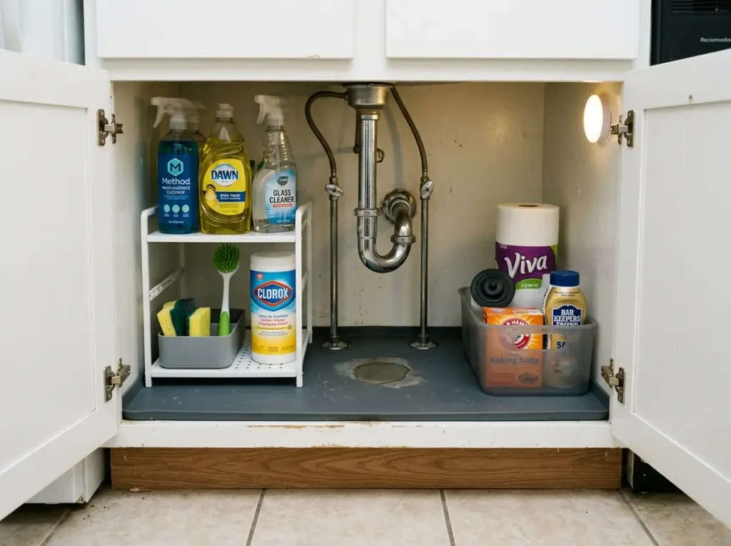 Organized under-sink rental kitchen cabinet with 2-tier expandable shelf, drip mat, and pipe clearance visible