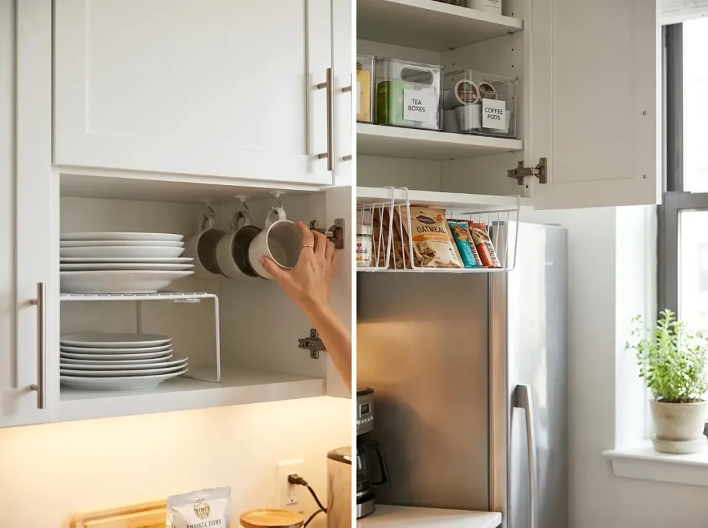 organized upper kitchen cabinet with shelf riser plates and under-shelf basket