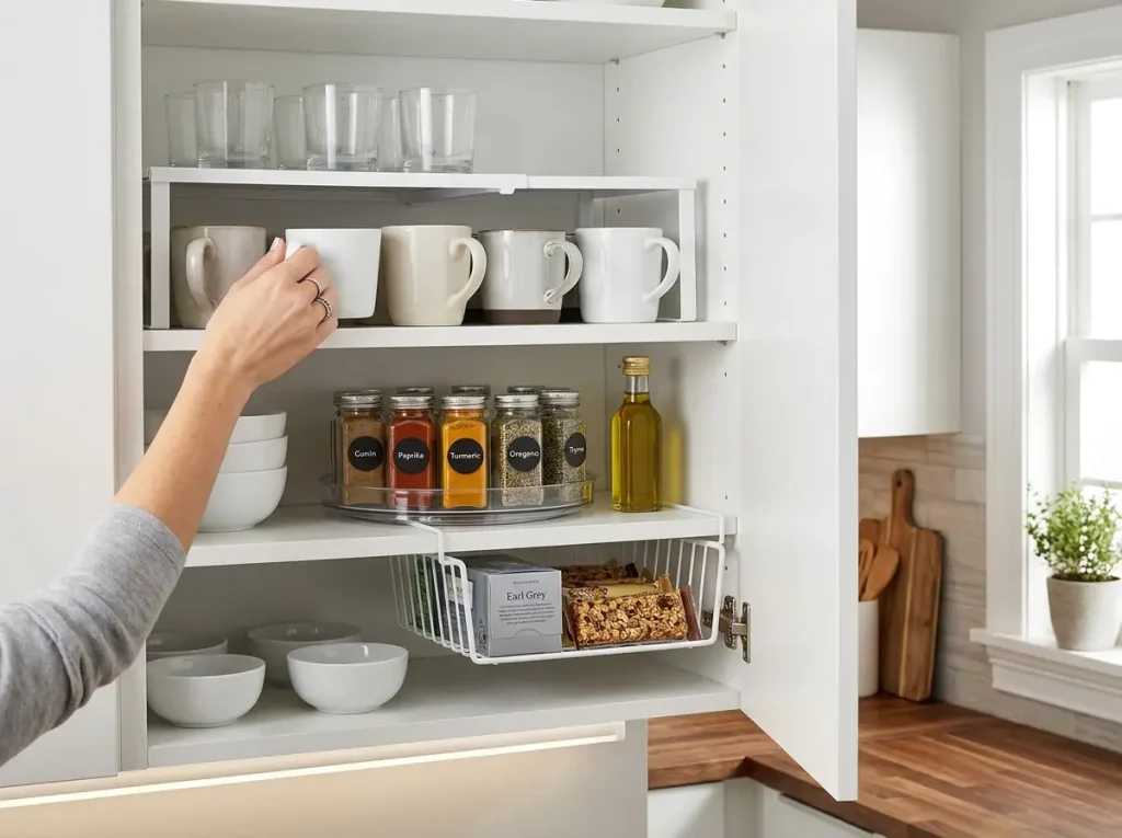 Organized upper kitchen cabinet with shelf riser turntable and under-shelf basket